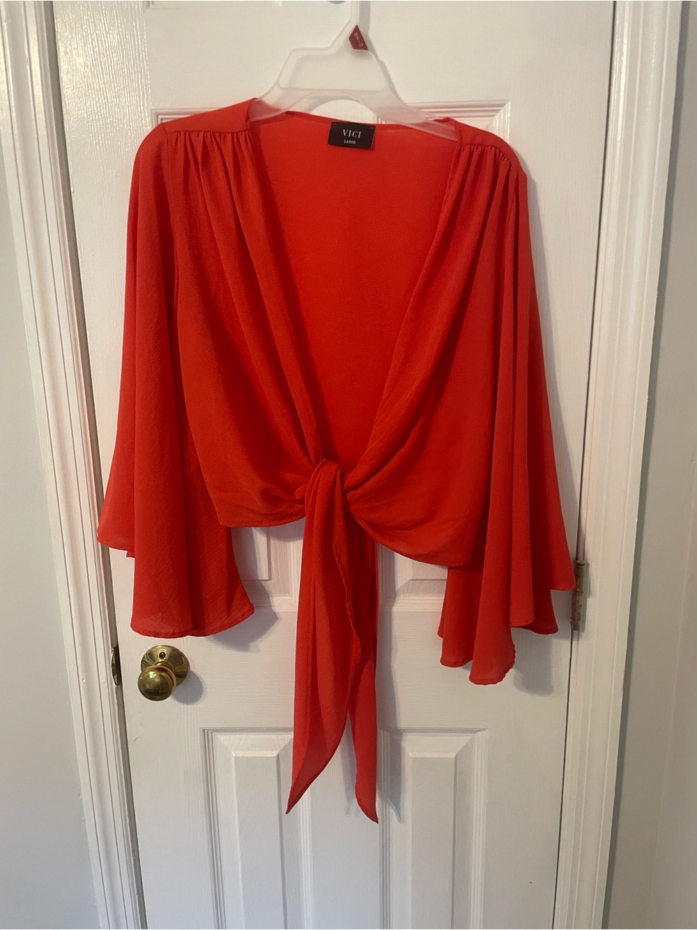 VICI Bright Red Orange Tie-Front Flutter Sleeve Top Sz Large Flower Child Hippie